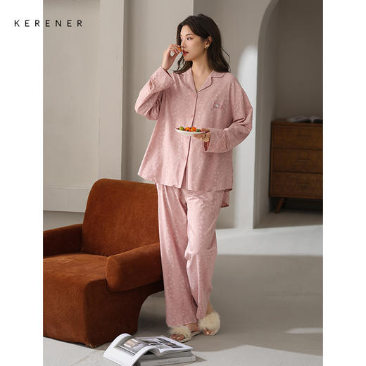 可人儿春秋季带胸垫奥力棉女士长袖长裤睡衣可外出纯棉家居服套装 商品图3