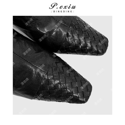 04-7潘依绣丁丁宠粉小牛皮方头手工编织拼接后拉链靴瘦瘦靴 TB25002 商品图2