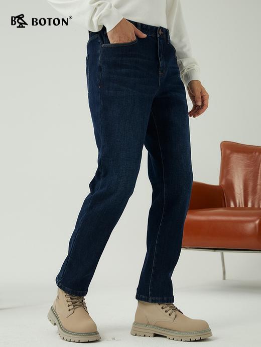 波顿男士秋冬季深蓝色直筒合身加绒保暖牛仔裤ME886523 商品图1