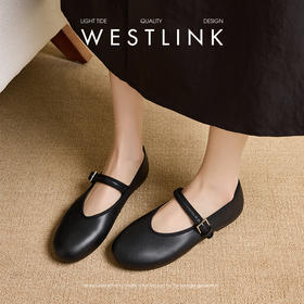 西遇质感真皮一字带芭蕾玛丽珍鞋女秋季配裙子不累脚平底单鞋V0057033/V0057046