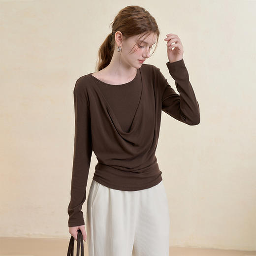西遇假两件荡领长袖T恤女秋季设计感收腰显瘦内搭打底衫上衣V3455245 商品图4