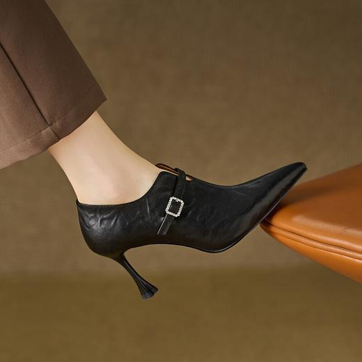 【预售5天】8cm~手抓羊皮细跟V口单鞋女秋季新款真皮尖头气质深口高跟鞋QS&737 商品图2