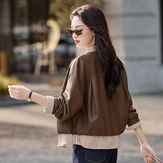 翻领条纹衬衫假两件，拼接pu皮衣夹克外套HR-CPYY8170 商品图2