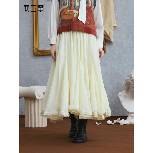 两三事 浪沫回音 2025冬季新款百搭蕾丝边拼接百褶半身裙长裙 商品图0
