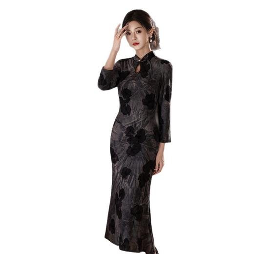 GX现代改良新中式长款鱼尾旗袍裙2025秋季新款扎染植绒日常中袖旗袍 商品图4