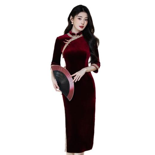 GX红丝绒长款花边中袖旗袍2025秋季新款复古国风大码旗袍 商品图4