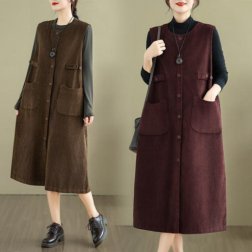GYH 8639复古纯色灯芯绒无袖连衣裙中长款开衫背心裙 商品图1