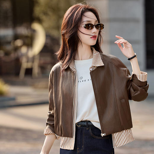 翻领条纹衬衫假两件，拼接pu皮衣夹克外套HR-CPYY8170 商品图1