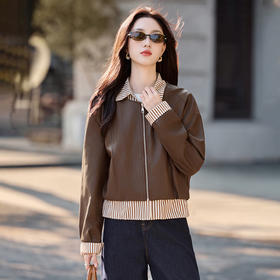 翻领条纹衬衫假两件，拼接pu皮衣夹克外套HR-CPYY8170