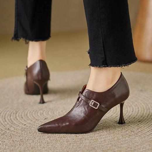 【预售5天】8cm~手抓羊皮细跟V口单鞋女秋季新款真皮尖头气质深口高跟鞋QS&737 商品图1