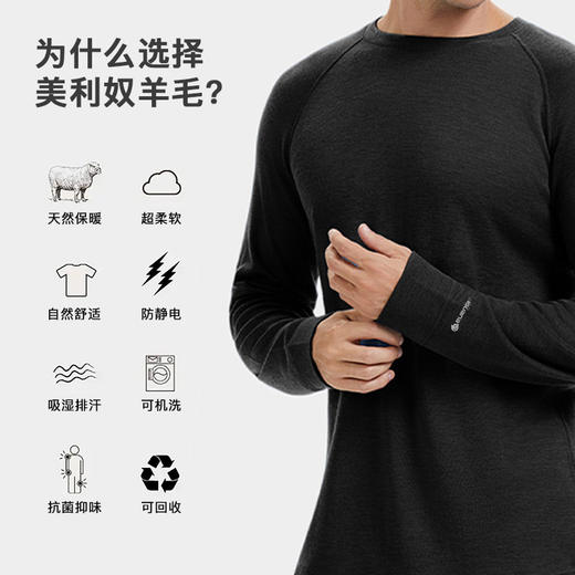 IGUANA可机洗新品男式美利奴羊毛长袖T恤速干户外徒步黑色 商品图2