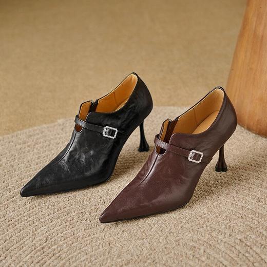 【预售5天】8cm~手抓羊皮细跟V口单鞋女秋季新款真皮尖头气质深口高跟鞋QS&737 商品图4