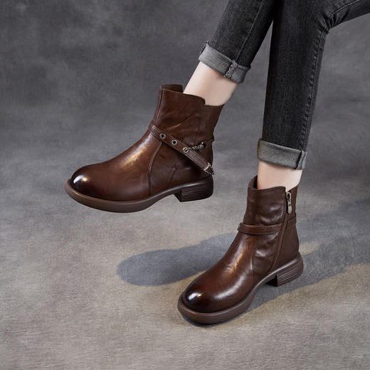 ZM 258696轻奢水洗牛皮烟筒靴瘦瘦靴粗跟厚底机车马丁靴 商品图1