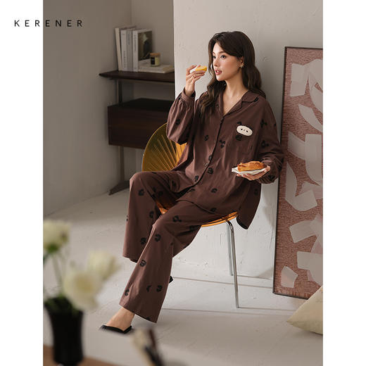 可人儿春秋季带胸垫奥力棉女士长袖长裤睡衣可外出纯棉家居服套装 商品图1