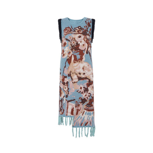 两三事绒绒假日2025冬季新款复古流苏不对称下摆花色毛衣裙连衣裙 商品图4