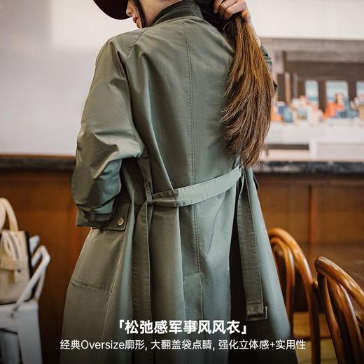 马登复古橄榄绿风衣中长款巴恩风大衣宽松翻盖口袋工装外套秋季女 商品图1