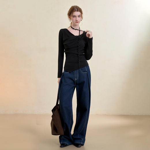 西遇气质荡领针织T恤女秋季新款不规则抽褶收腰显瘦长袖上衣V3255155 商品图1