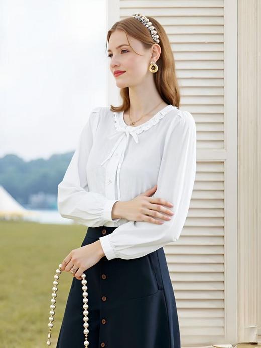 【秋新品】5329 100%棉花边领系带白色小衫衬衫-喜出 商品图2