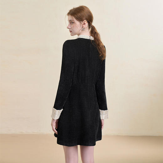 法式优雅小香风木耳边袖连衣裙女早春赫本千金风钉珠领连衣裙V4243204 商品图4