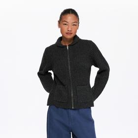 oneup羊毛粗针翻领收腰拉链毛衣