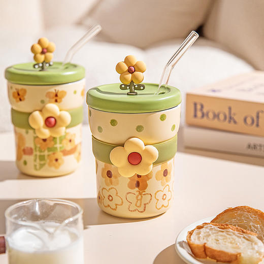 摩登主妇陶瓷带盖马克杯高颜值吸管杯便携家用喝水杯女生咖啡杯子 商品图1