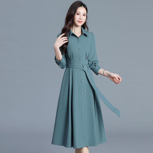 QYM  725068-Y时尚气质连衣裙腰带裙衬衣领长袖裙A字裙 商品图2