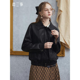 两三事 暮夜追风 2025冬季新款时尚橡筋下摆pu皮外套女宽松