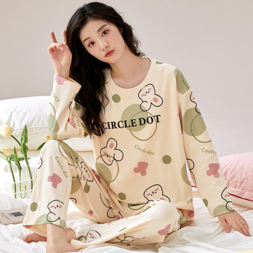 秋季带胸垫睡衣女长袖长裤免穿文胸家居服套装免穿文胸居家可外穿 商品图1
