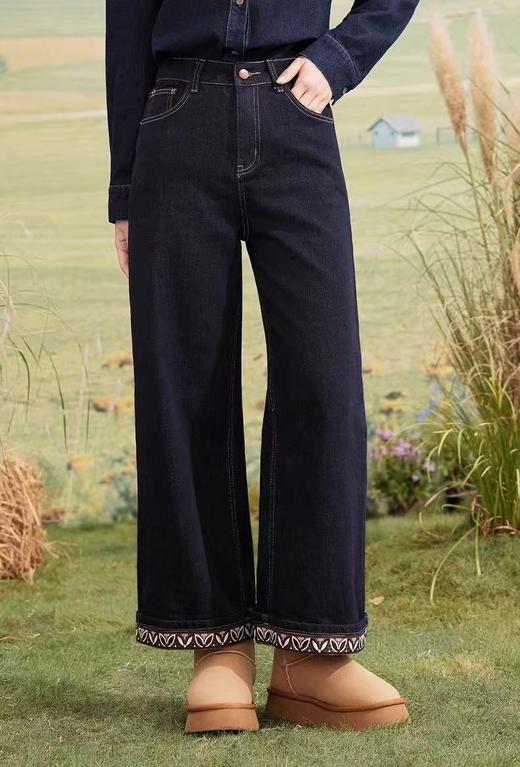 【爆款牛仔】2025秋季新品～7319两穿可卷边重工刺绣裤口单宁蓝牛仔直筒裤-喜出 商品图0