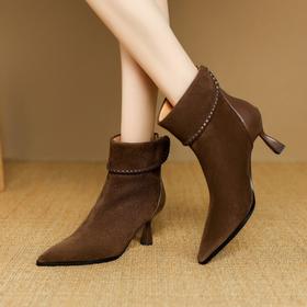 【预售5天】法式气质羊反绒面高跟短靴女秋冬新款单靴尖头女靴细跟小裸靴DB&M6599