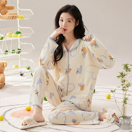 春秋季女士开衫睡衣带胸垫小翻领长袖长裤家居服套装卡通免穿文胸学生家居服 商品图7