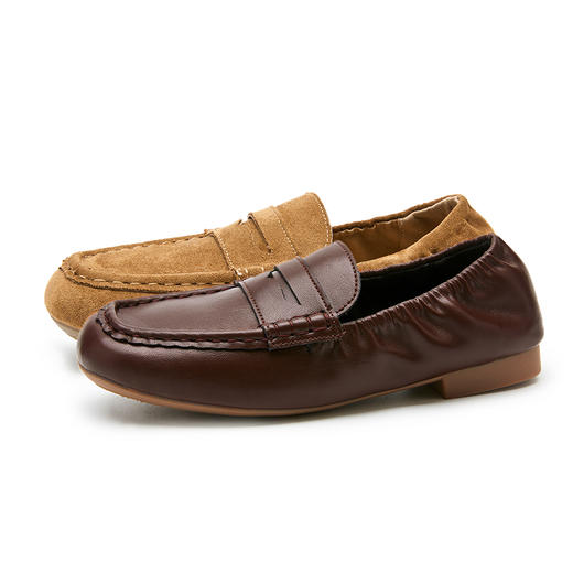 西遇软底乐福鞋女新款秋季棕色平底小皮鞋方头不累脚通勤单鞋K0057162/K0057163 商品图4