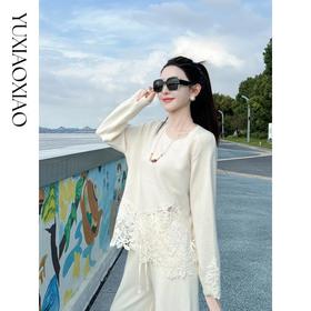 余潇潇【拾光花序】简约百搭山羊绒绵羊毛混纺拼蕾丝花纹圆领羊绒衫