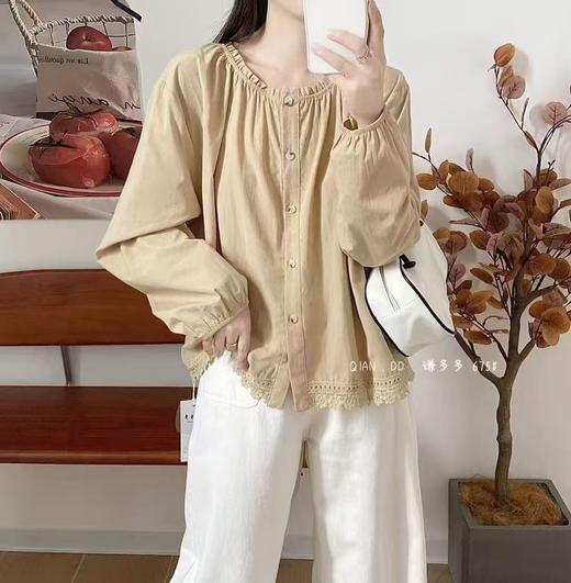 【秋上新】水洗棉675下摆流苏蕾丝边长袖小衫上衣-喜出 商品图4