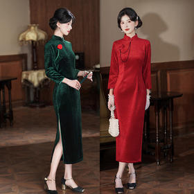 GX纯色魔幻格丝绒长款旗袍2025秋冬新款复古国风喜妈妈婚宴旗袍礼服