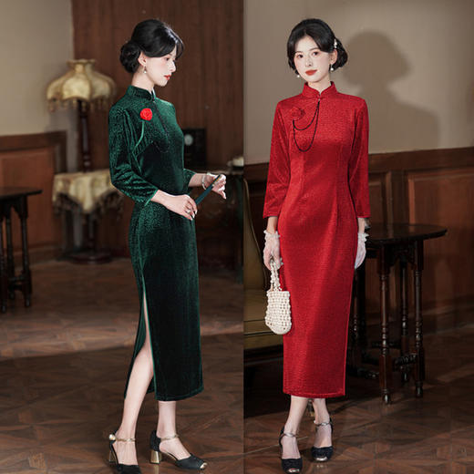 GX纯色魔幻格丝绒长款旗袍2025秋冬新款复古国风喜妈妈婚宴旗袍礼服 商品图0