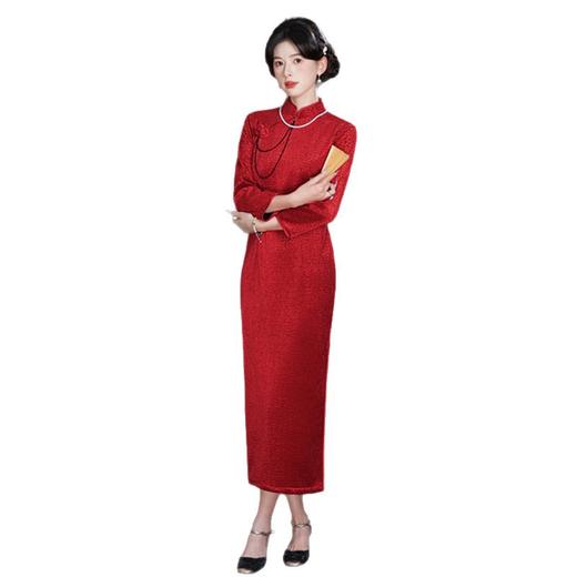 GX纯色魔幻格丝绒长款旗袍2025秋冬新款复古国风喜妈妈婚宴旗袍礼服 商品图4