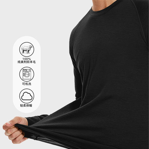 IGUANA可机洗新品男式美利奴羊毛长袖T恤速干户外徒步黑色 商品图0