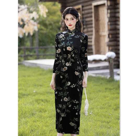 GX丝绒长款单层旗袍2025秋季新款复古国风新中式年轻款日常旗袍女装 商品图3