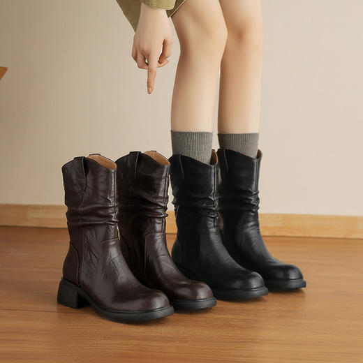 【预售5天】复古圆头美拉德褶皱，堆堆靴真皮V口显瘦中筒骑士靴LD&7505 商品图3