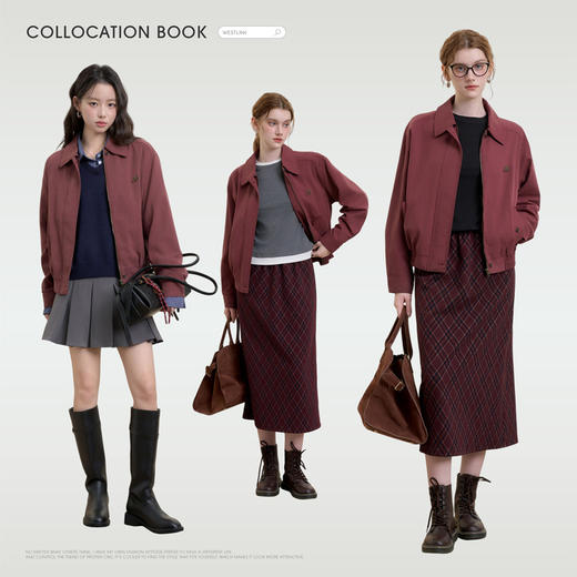 西遇翻领梭织夹克女新款枣红色美式复古落肩防风外套D3342228 商品图2