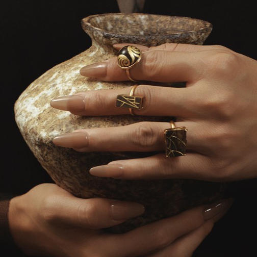 戒指 | 沉香对径长方形描金戒指 商品图0