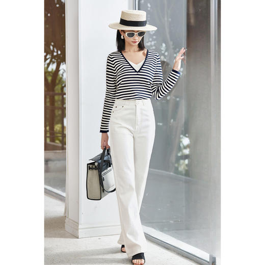 剩S 假两件条纹针织衫 海魂风慵懒小衫 亲肤纱线 米思阳2026春季新款休闲感领口舒适上衣女5077 商品图3