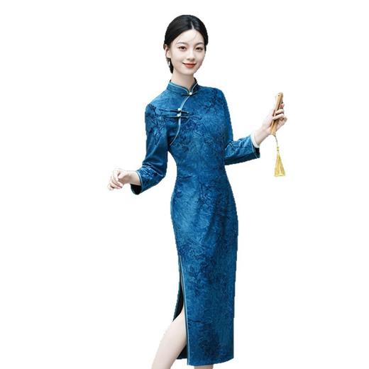 GX2025秋季新款中国风丝绒压花长款复古旗袍女装大码旗袍 商品图4