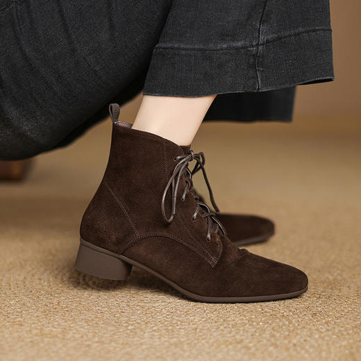 【预售5天】法式复古小踝靴系带秋冬新款磨砂皮短靴女翻毛皮马丁靴粗跟瘦瘦靴SP&X1528 商品图3