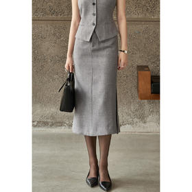 剩M/XL 米思阳2026春季新款通勤风高级灰高腰直筒压褶裙摆羊毛混纺半身裙女4858