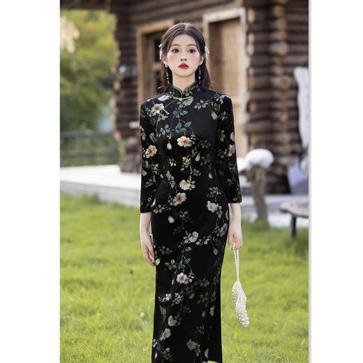 GX丝绒长款单层旗袍2025秋季新款复古国风新中式年轻款日常旗袍女装 商品图0