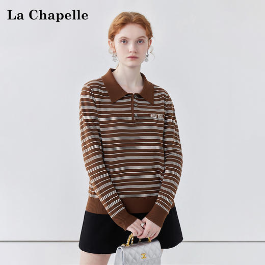 会员福利【绵羊毛+刺绣】拉夏贝尔/La Chapelle复古休闲格雷系polo衫宽松慵懒风长袖针织打底衫 商品图0