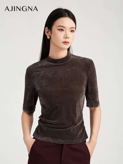 【商场同款】阿菁娜秋季新款进口醋酸立体植绒上衣打底衫半高领正肩短袖衫 抽褶收腰设计显瘦提气质A30Q102033 商品图1