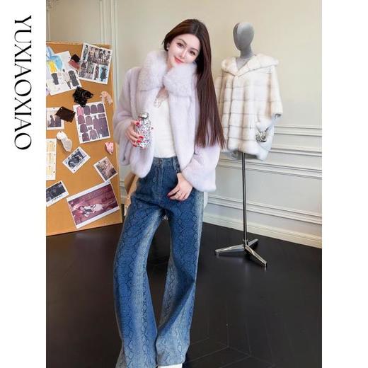 余潇潇【心动韵律】时尚复古拼接蛇纹牛仔渐变烫钻工艺微喇牛仔裤 商品图2